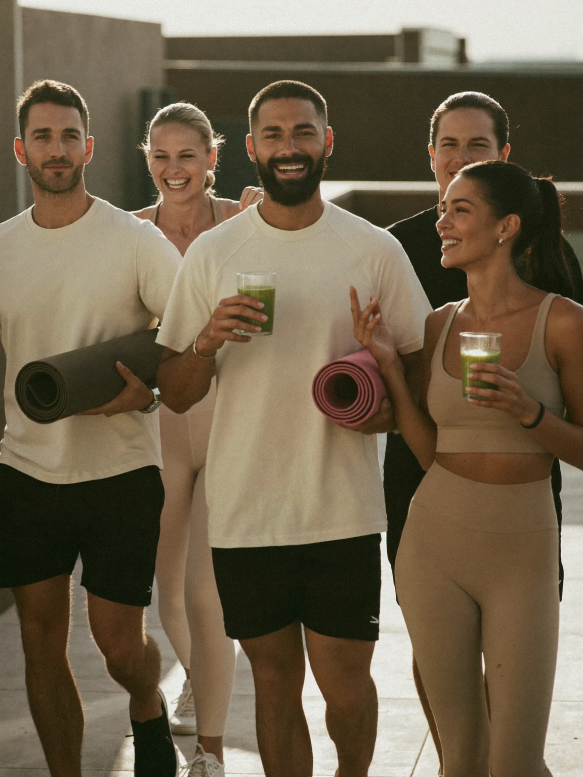 Five people walking together on a rooftop at golden hour after a class, carrying rolled yoga mats and green juices, talking and laughing.